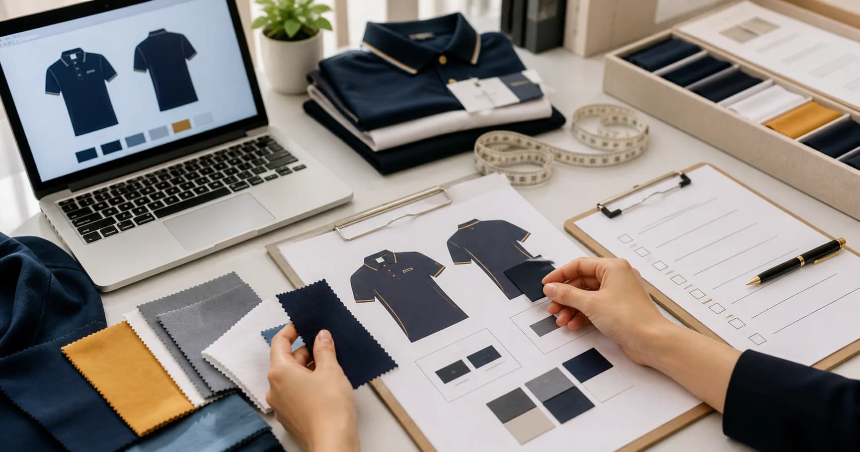 Bàn làm việc với bản thiết kế áo polo, bảng màu vải và checklist cấu hình